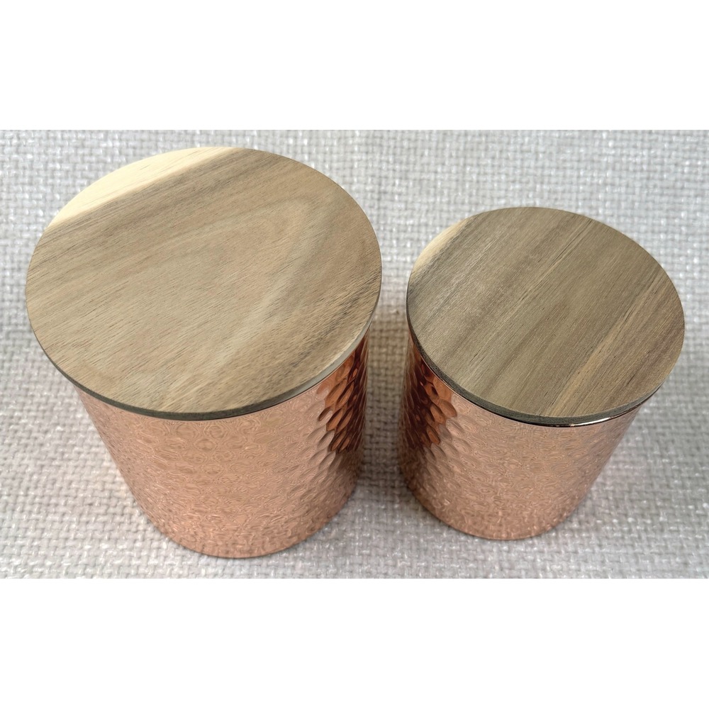 Uncommon James Hammered Copper Canister Set 2pc Wooden Lids Kitchen Storage - Picture 2 of 7
